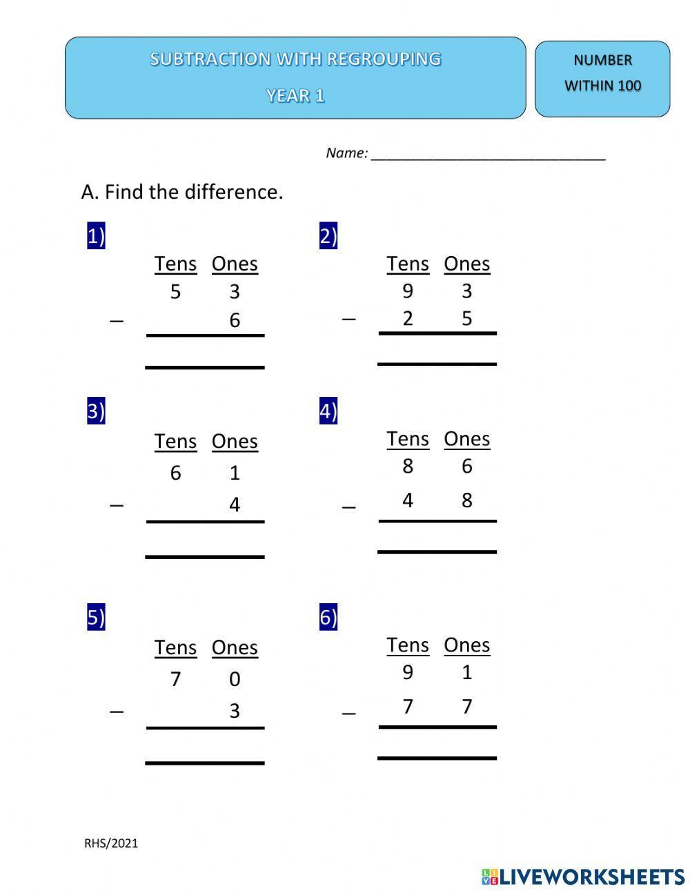 Subtraction with regrouping online worksheet for Year 1 | Live Worksheets