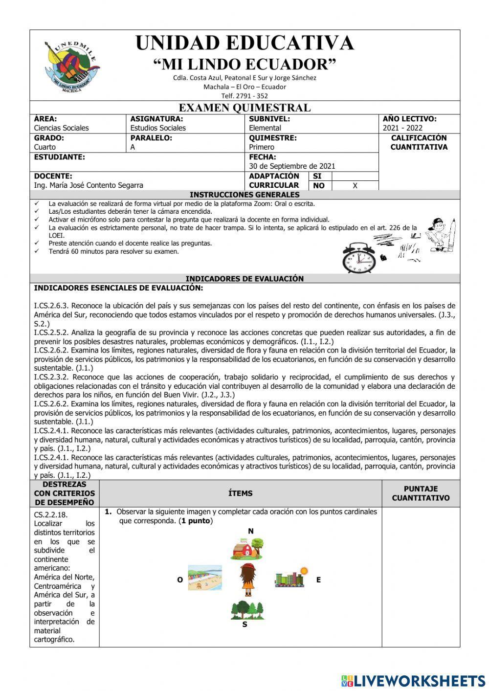 Examen del Primer Quimestre de Ciencias Sociales de Sexto Grado