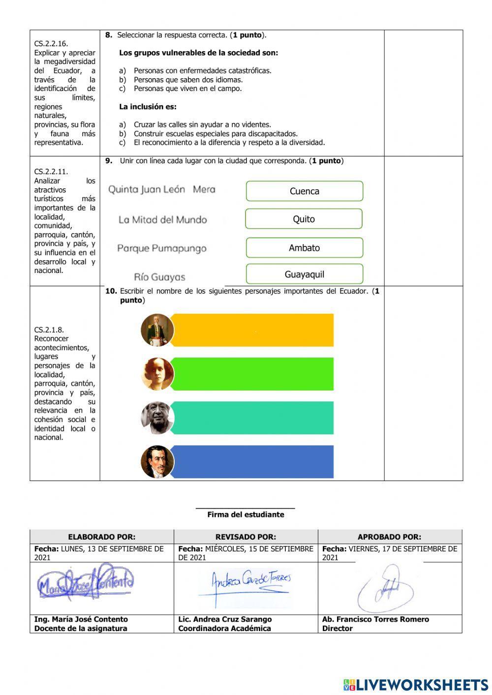 Examen del Primer Quimestre de Ciencias Sociales de Sexto Grado