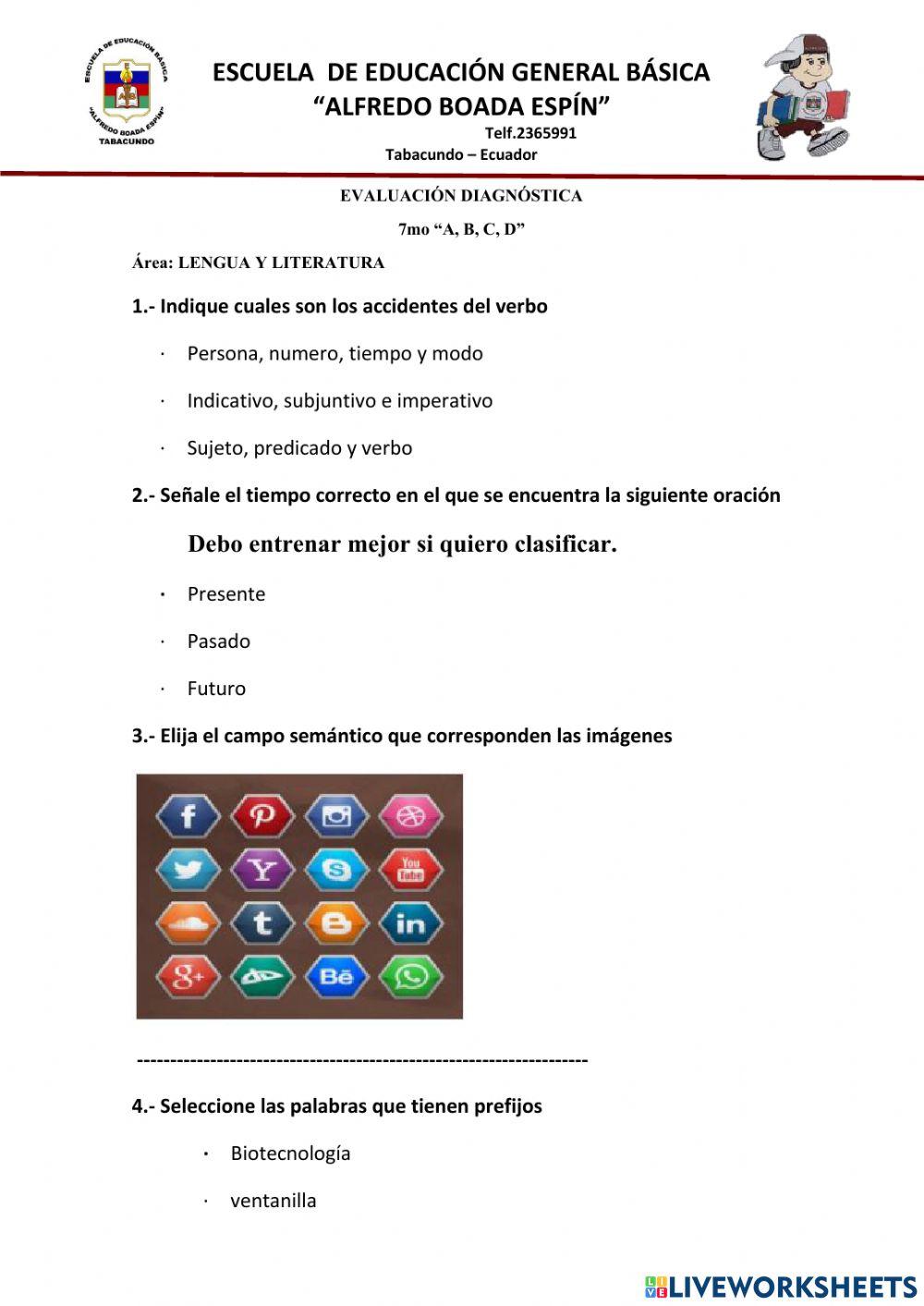 Evaluación diagnóstica de Lengua y Literatura 7mo