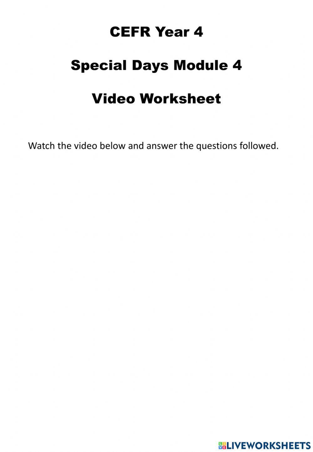 Special days video worksheet