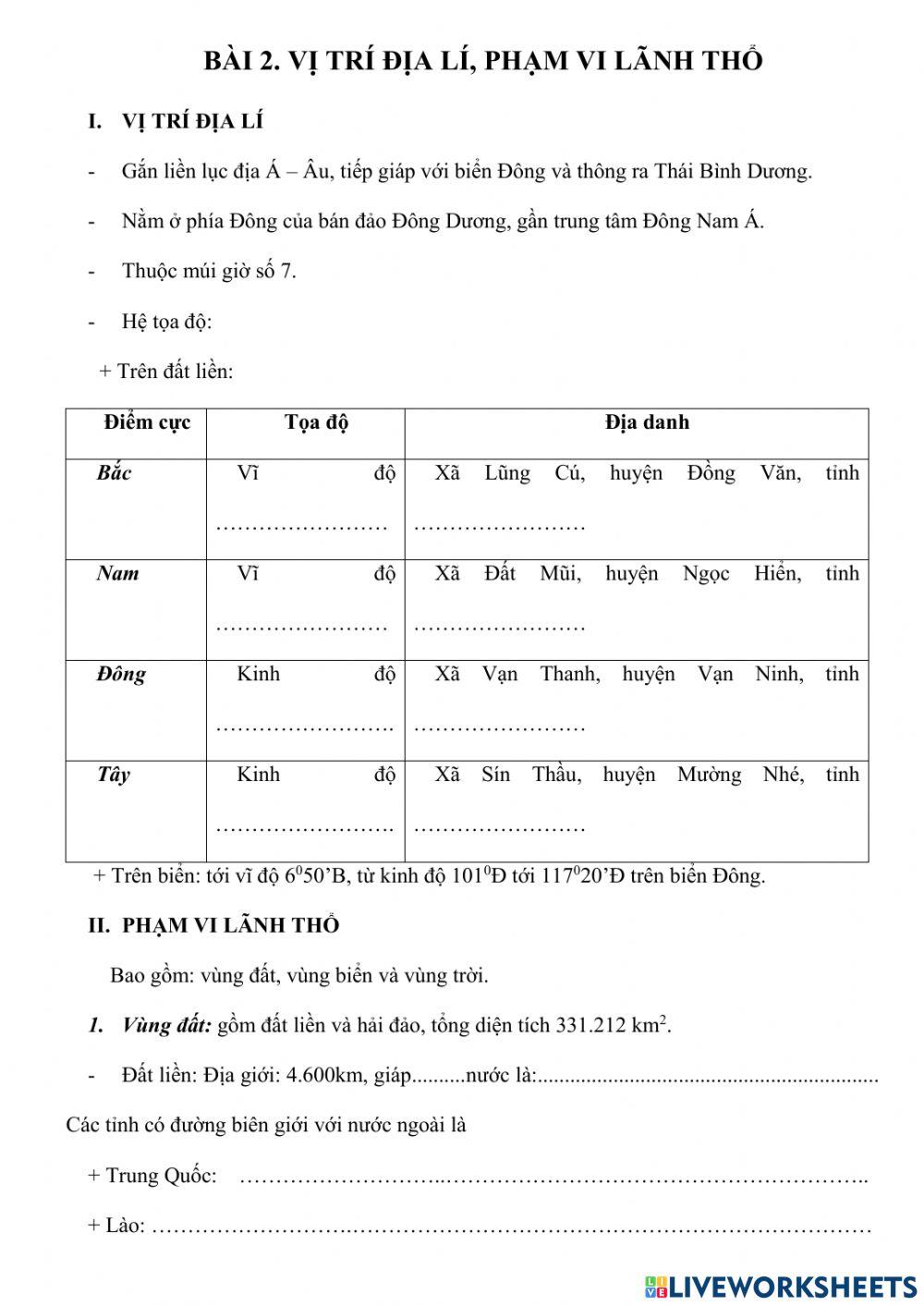 Bài 2: vị trí địa lí và phậm vi lãnh thổ VN - ĐL12