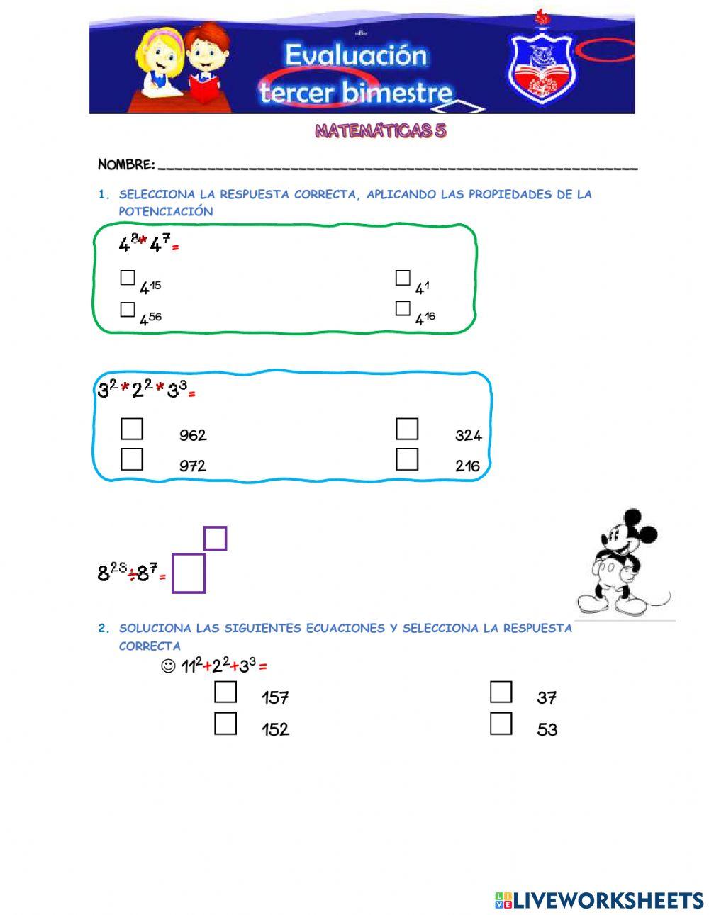 Evaluación 3 bimestre matemáticas y geometría 5