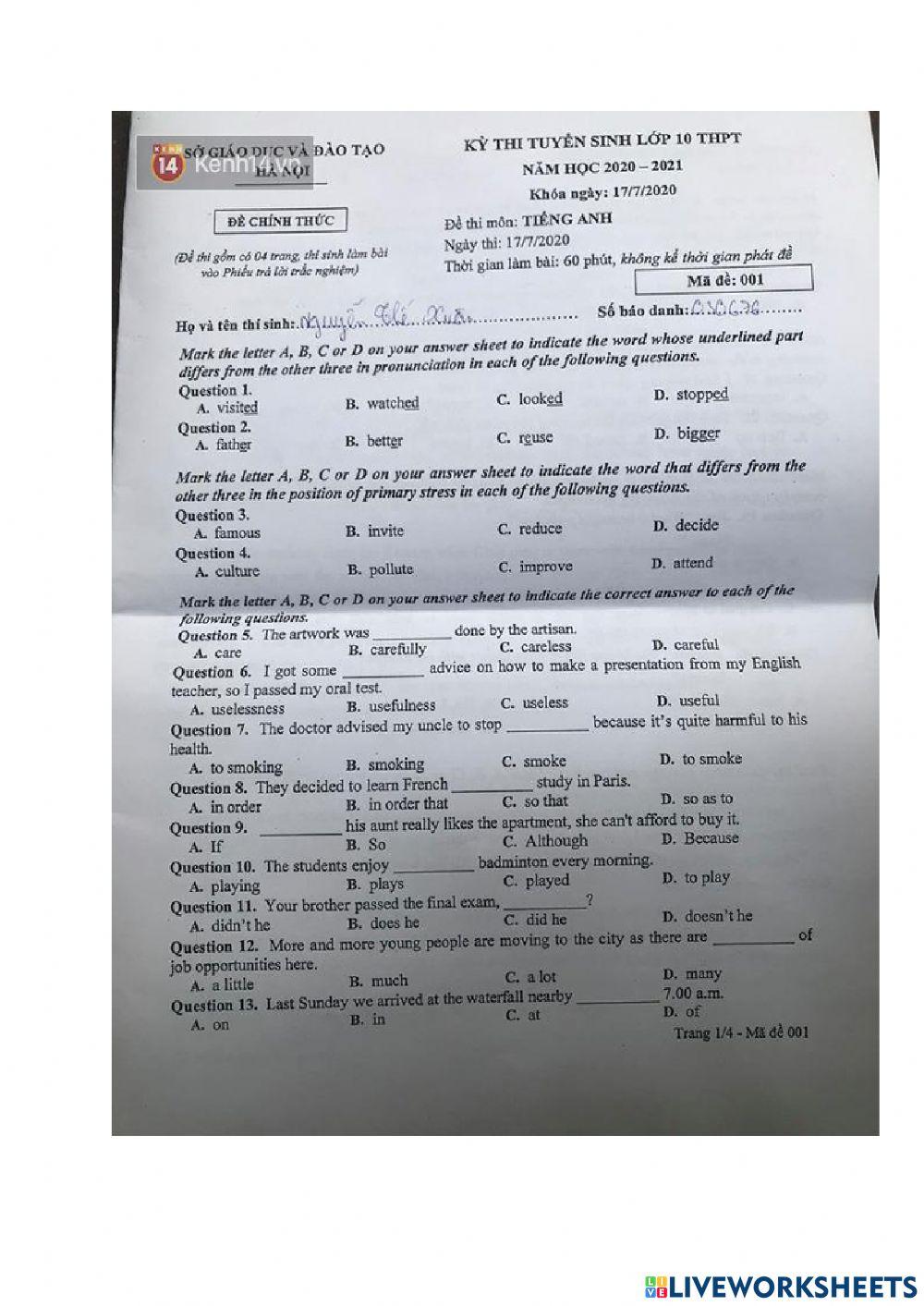 Đề thi tuyển sinh vào 10 Hà Nội 2020