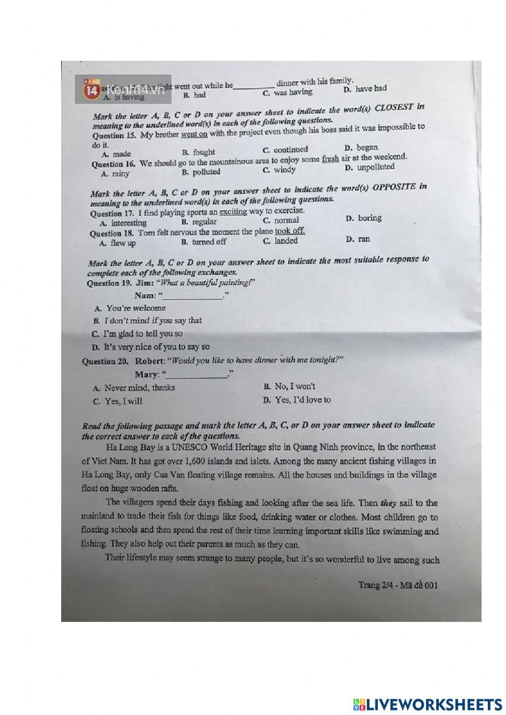 Đề thi tuyển sinh vào 10 Hà Nội 2020