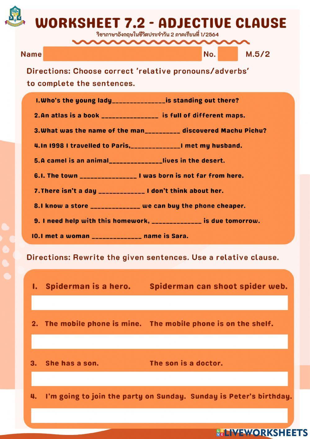 Worksheet 7.2 Adjective Clauses