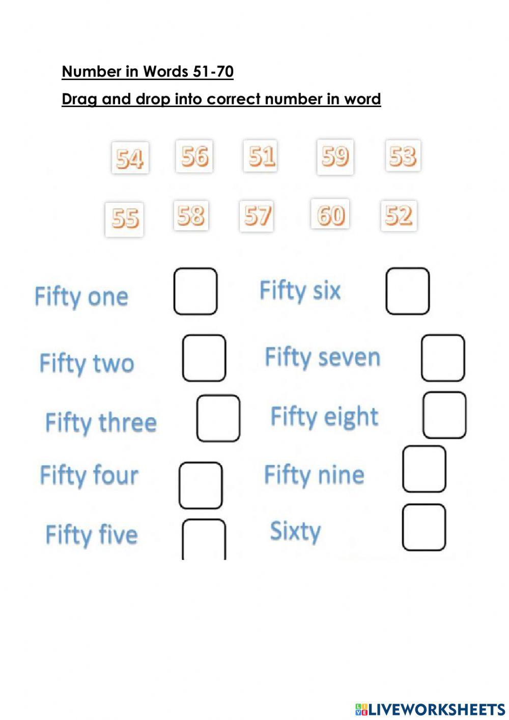 Number in words 51 - 70 worksheet