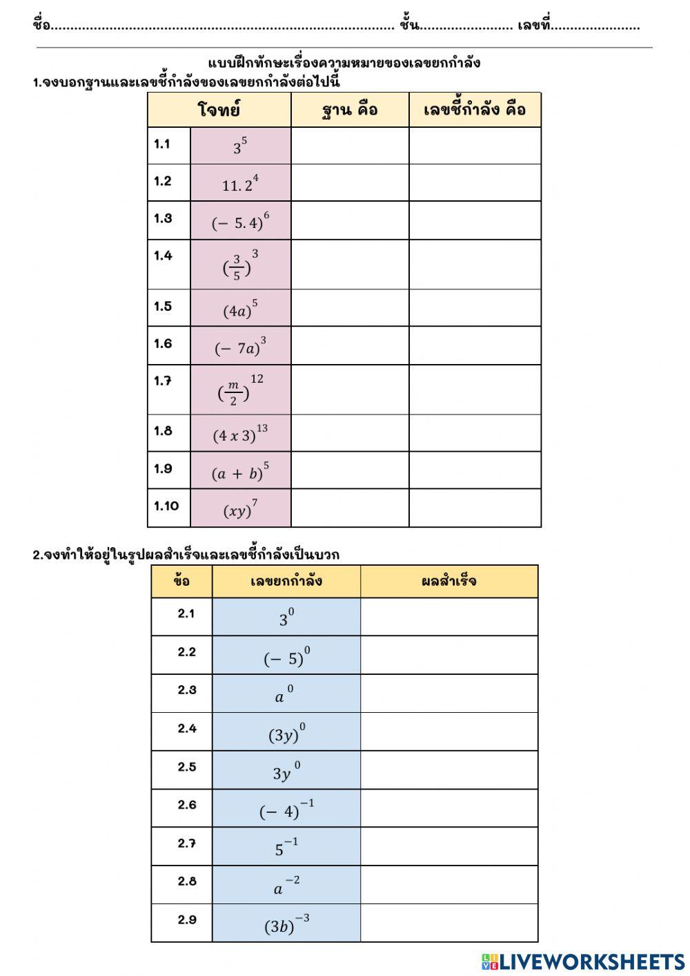 แบบฝึกทักษะเรื่องความหมายเลขยกกำลัง
