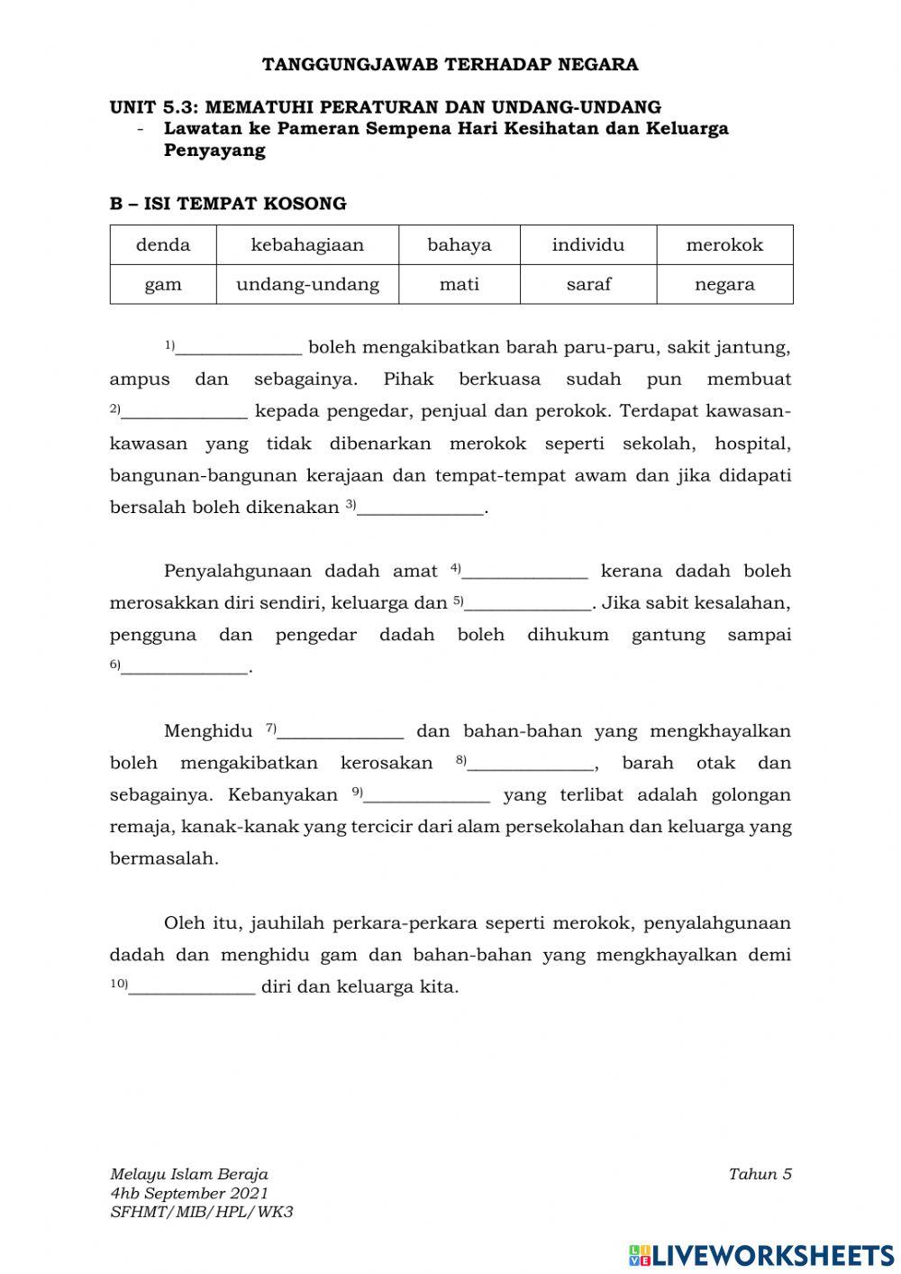 MIB Tahun 5 UNIT5.3: Mematuhi Peraturan dan Undang-Undang (Isi tempat kosong)