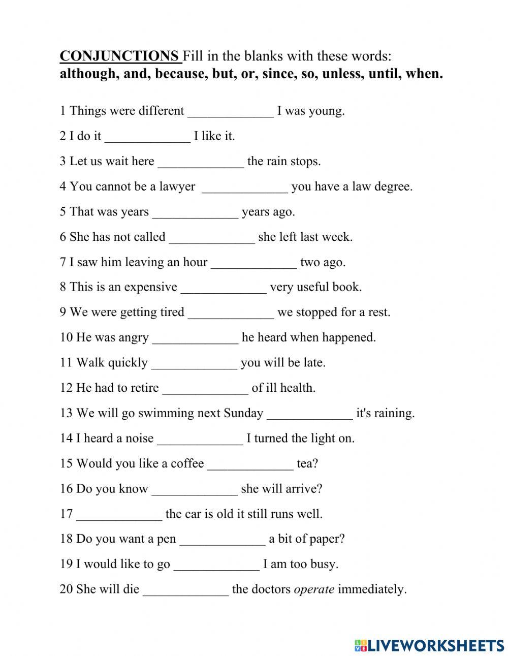 Conjunctions interactive activity for 7 | Live Worksheets