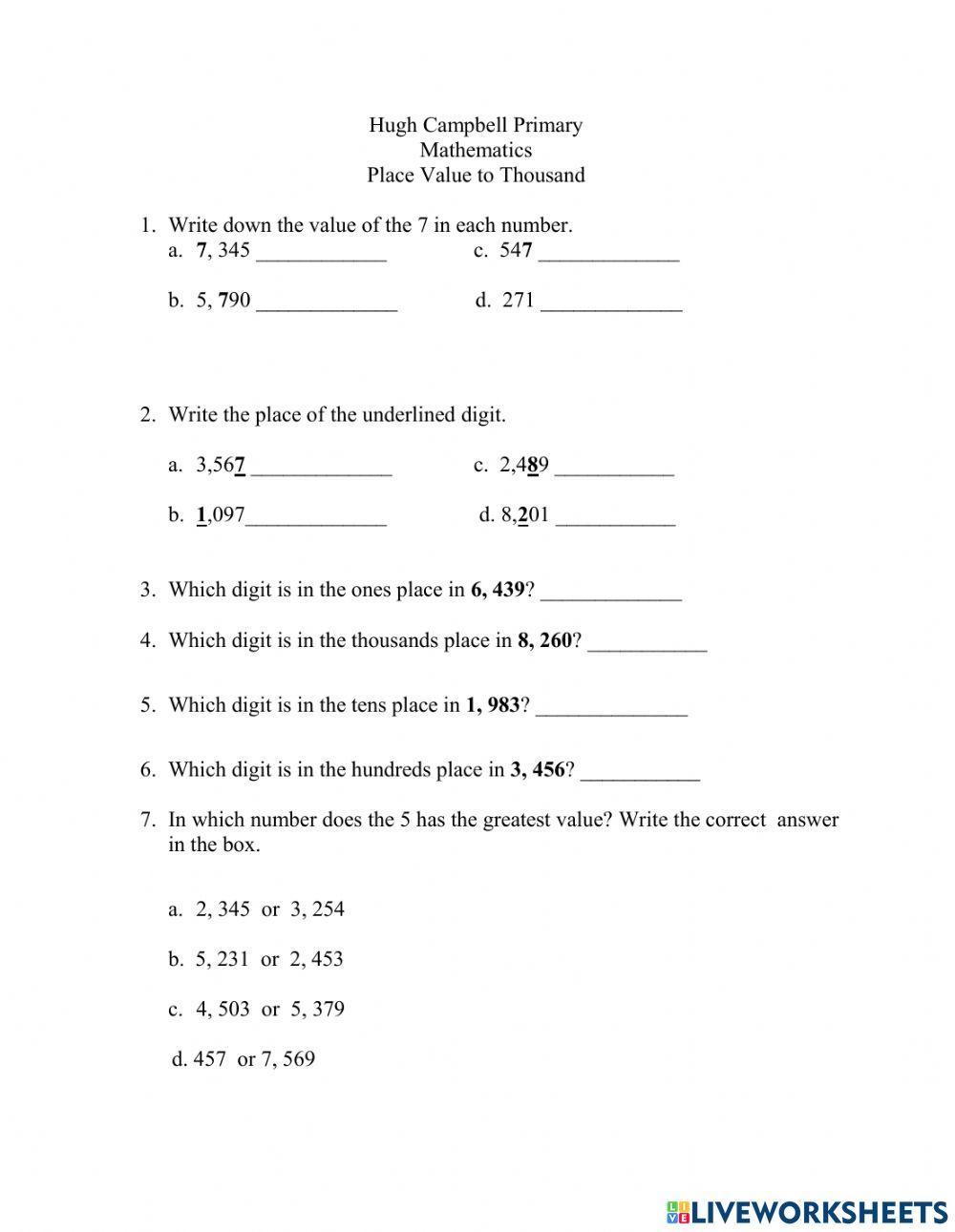 Place Value to Thousands