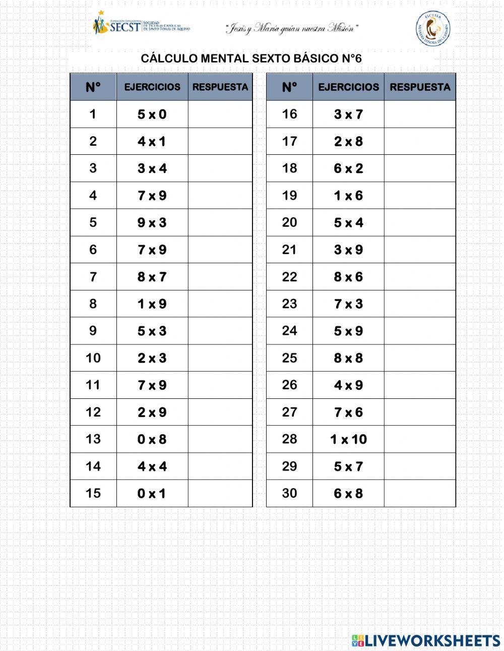 Cálculo mental sexto básico 6