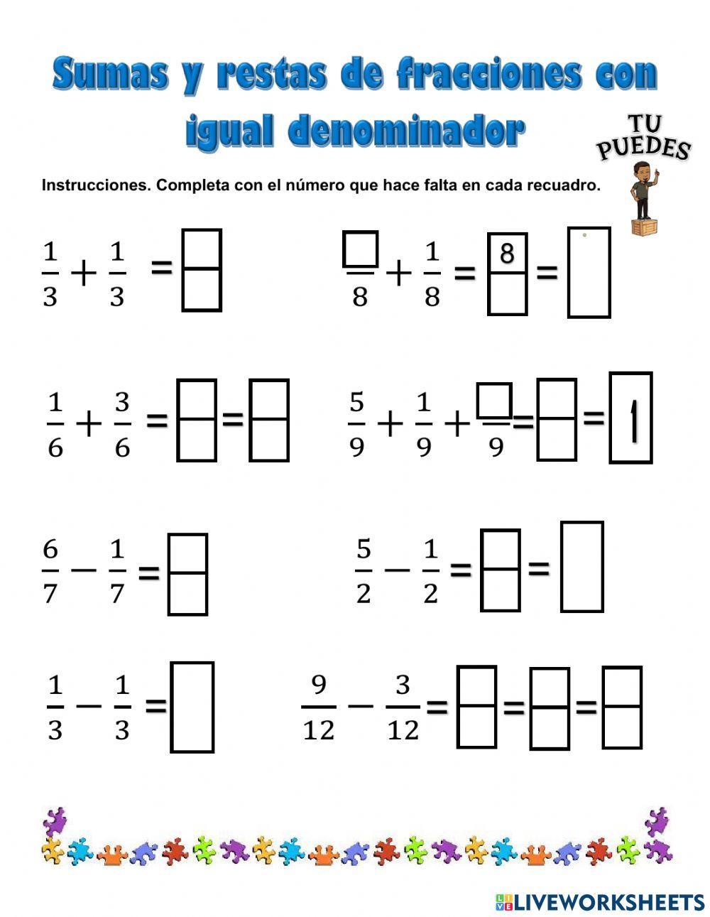 Suma y resta de fracciones con igual denominador