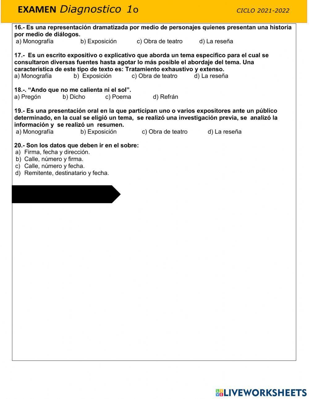 Evaluación diagnóstica Español 1er grado