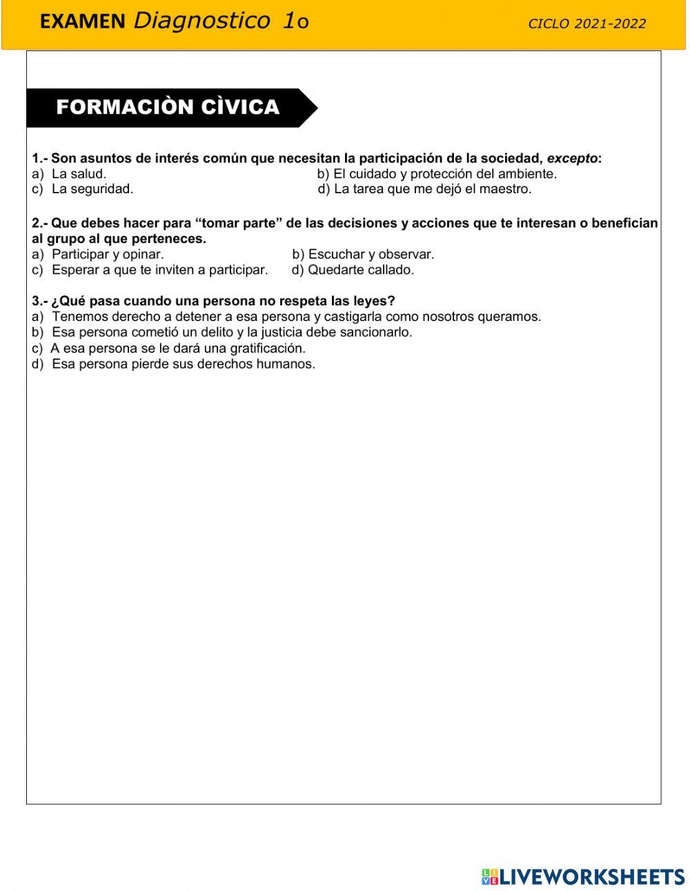 Evaluación diagnóstica Formación Cívica 1er grado