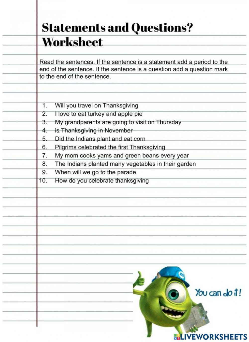 Statement and Question worksheet | Live Worksheets