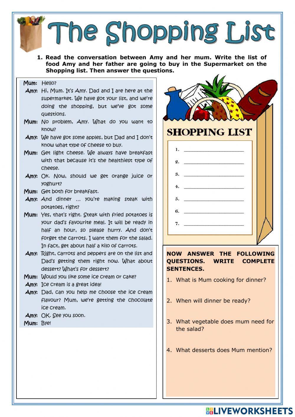 The Shopping list: What does Amy need?