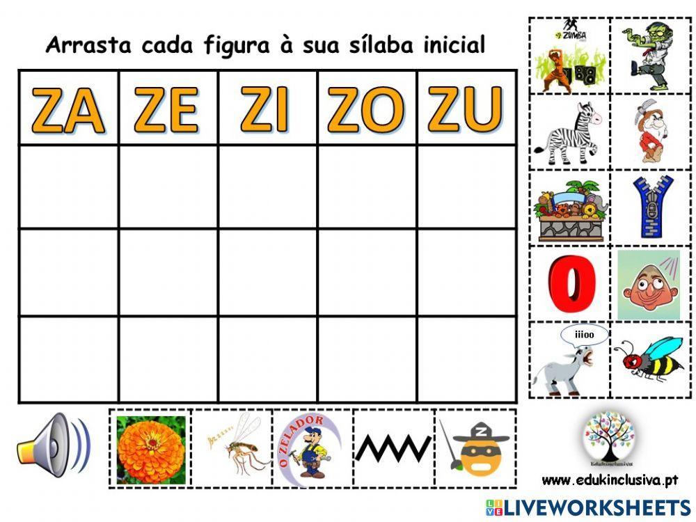 Jogo interativo – sílabas – za-ze-zi-zo-zu worksheet | Live Worksheets
