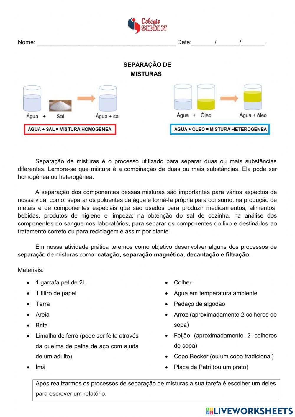 Experimento sobre separação de misturas