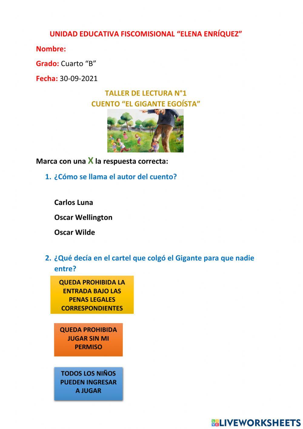 TALLER DE LECTURA 1 CUARTO B