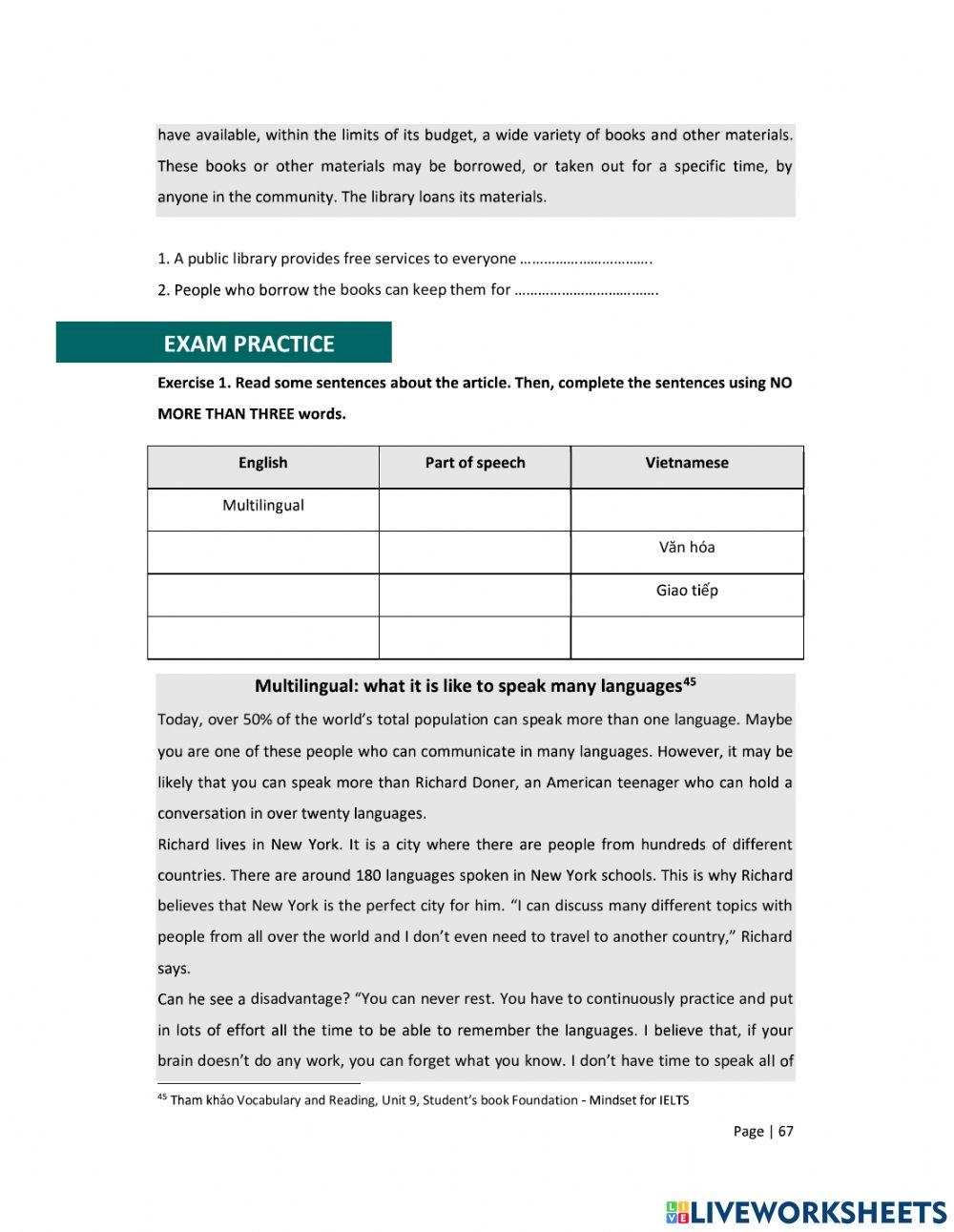 Reading Uinit 1: Sentence Completion