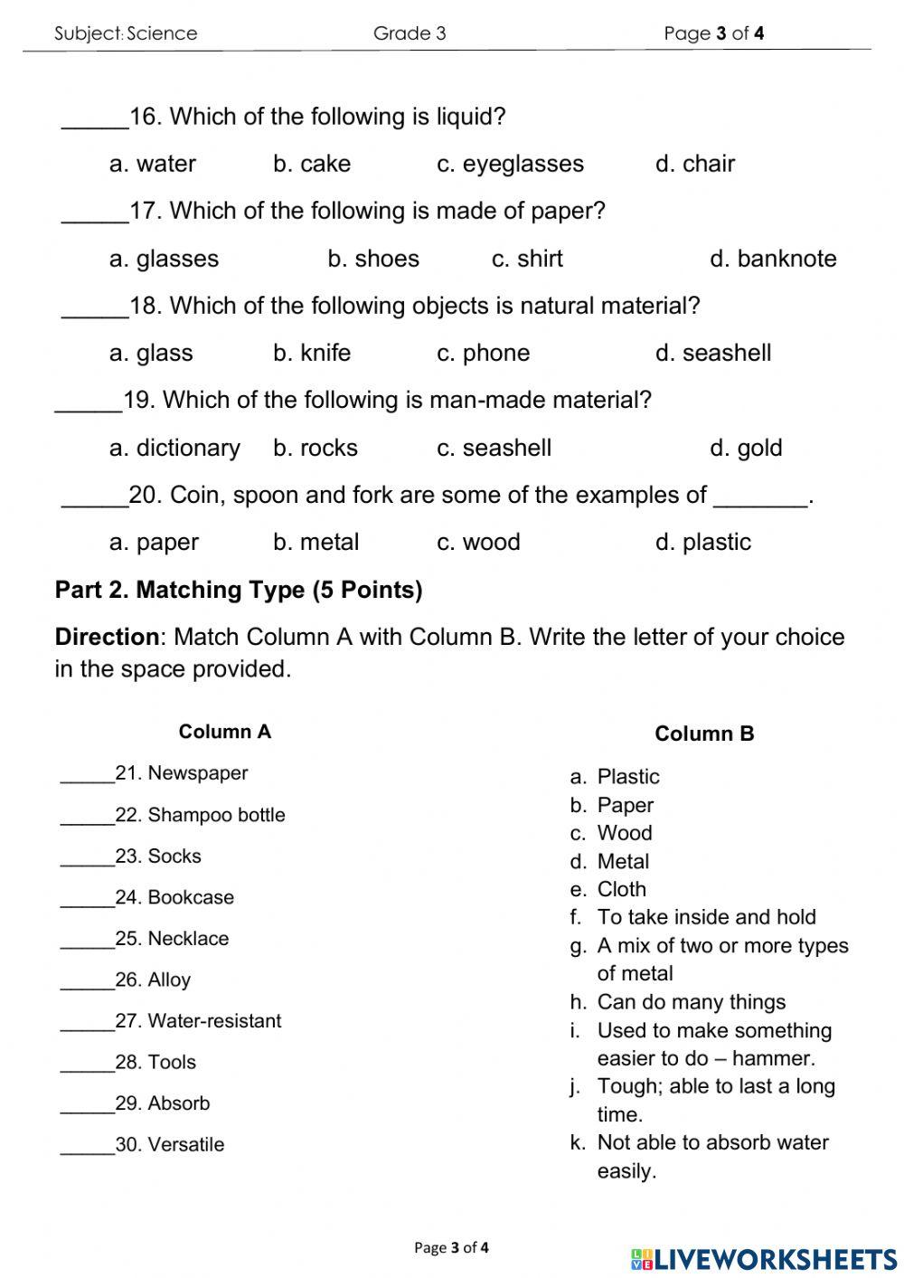 Science Final Exam for Grade 3
