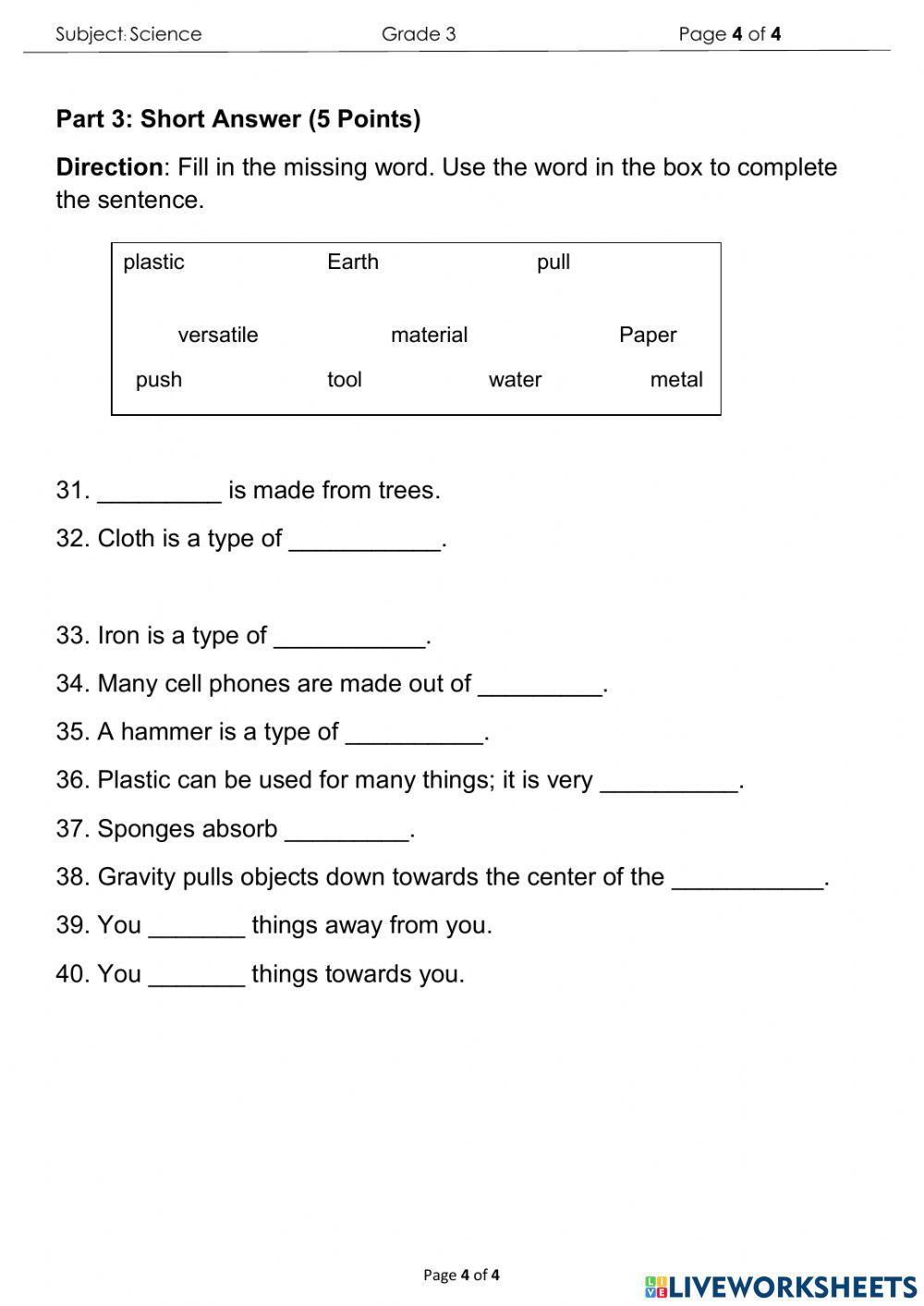 Science Final Exam for Grade 3