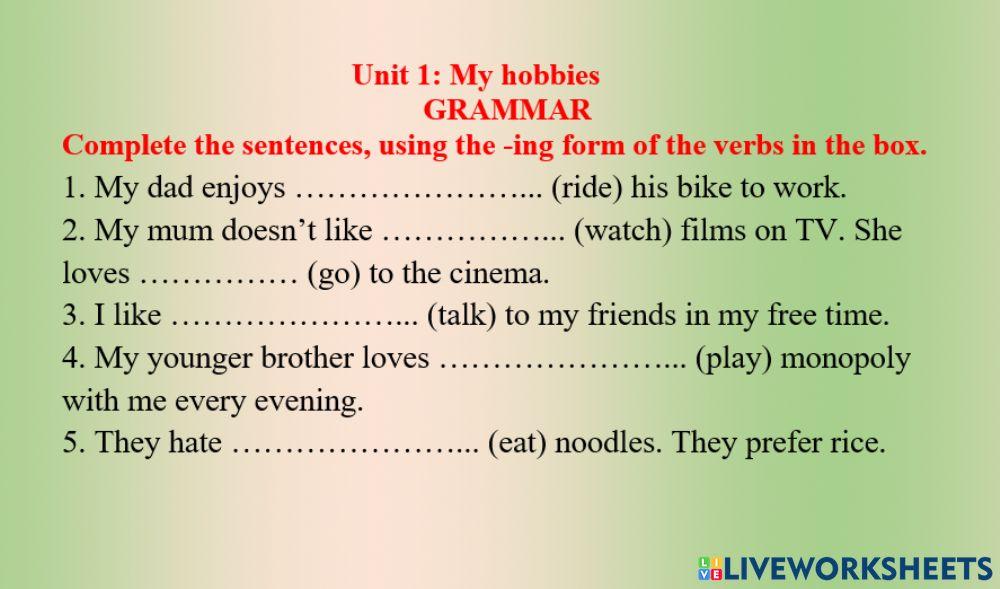 Grammar (like, love, ...) - Unit 1