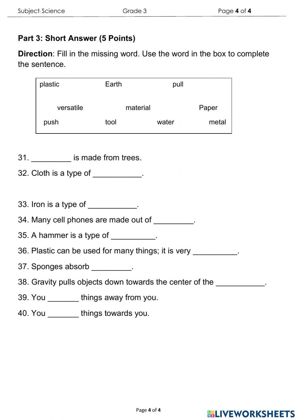 Science Final Exam for Grade 3