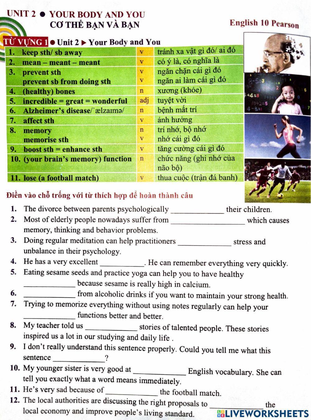 Unit 2.: YOUR BODY AND YOU - Vocabulary ADVANCED