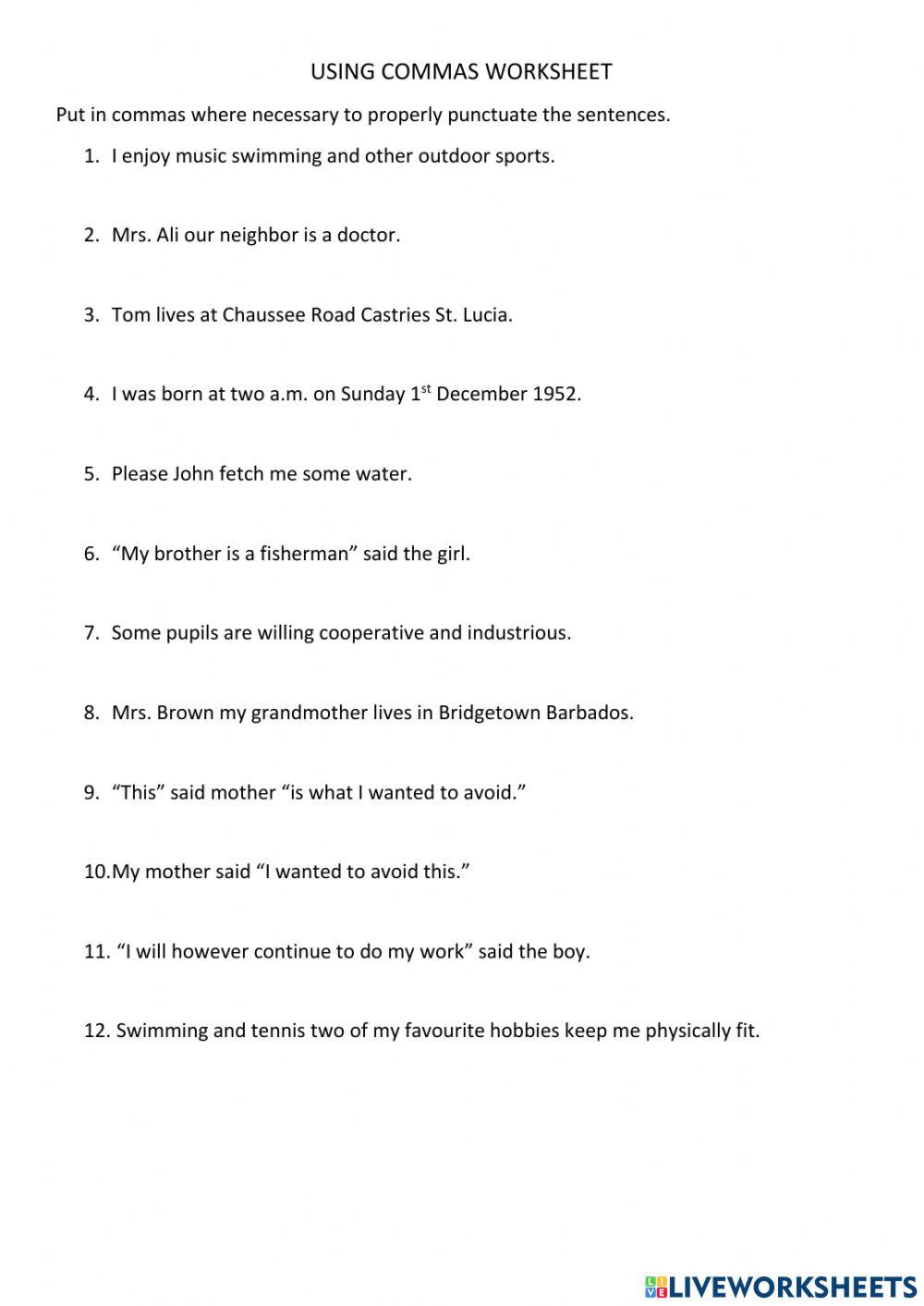 Using Commas Worksheet