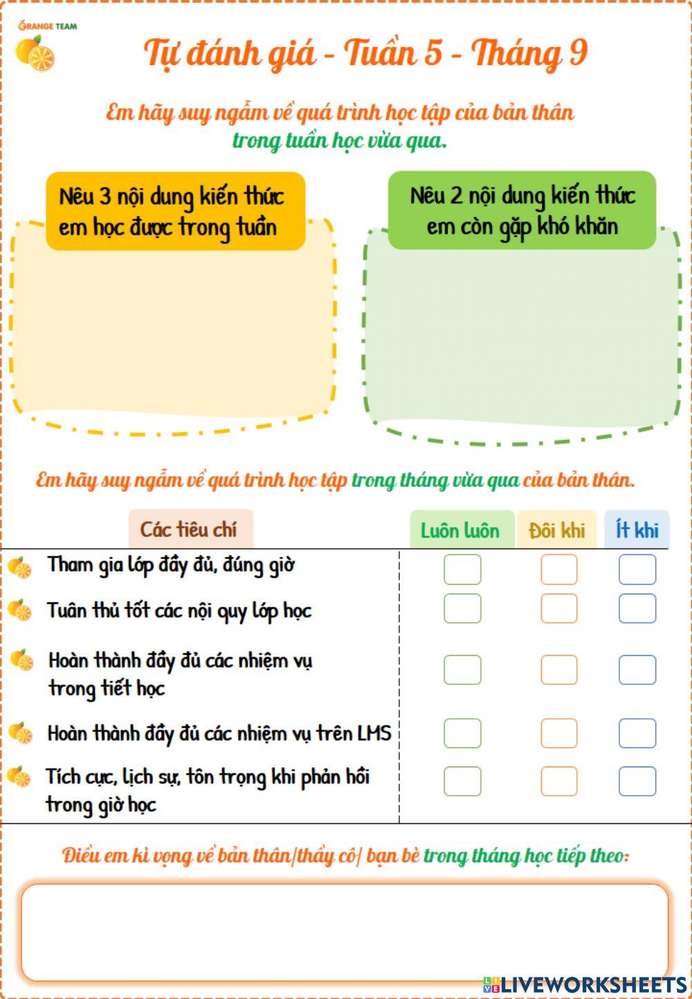 Tự đánh giá - Tuần 5 - Tháng 9