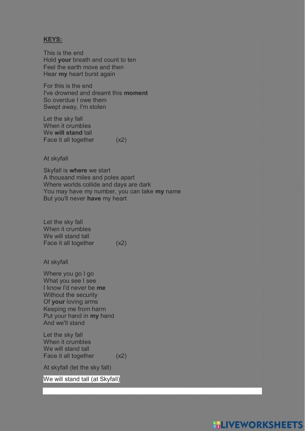 A1 song worksheet skyfall adele