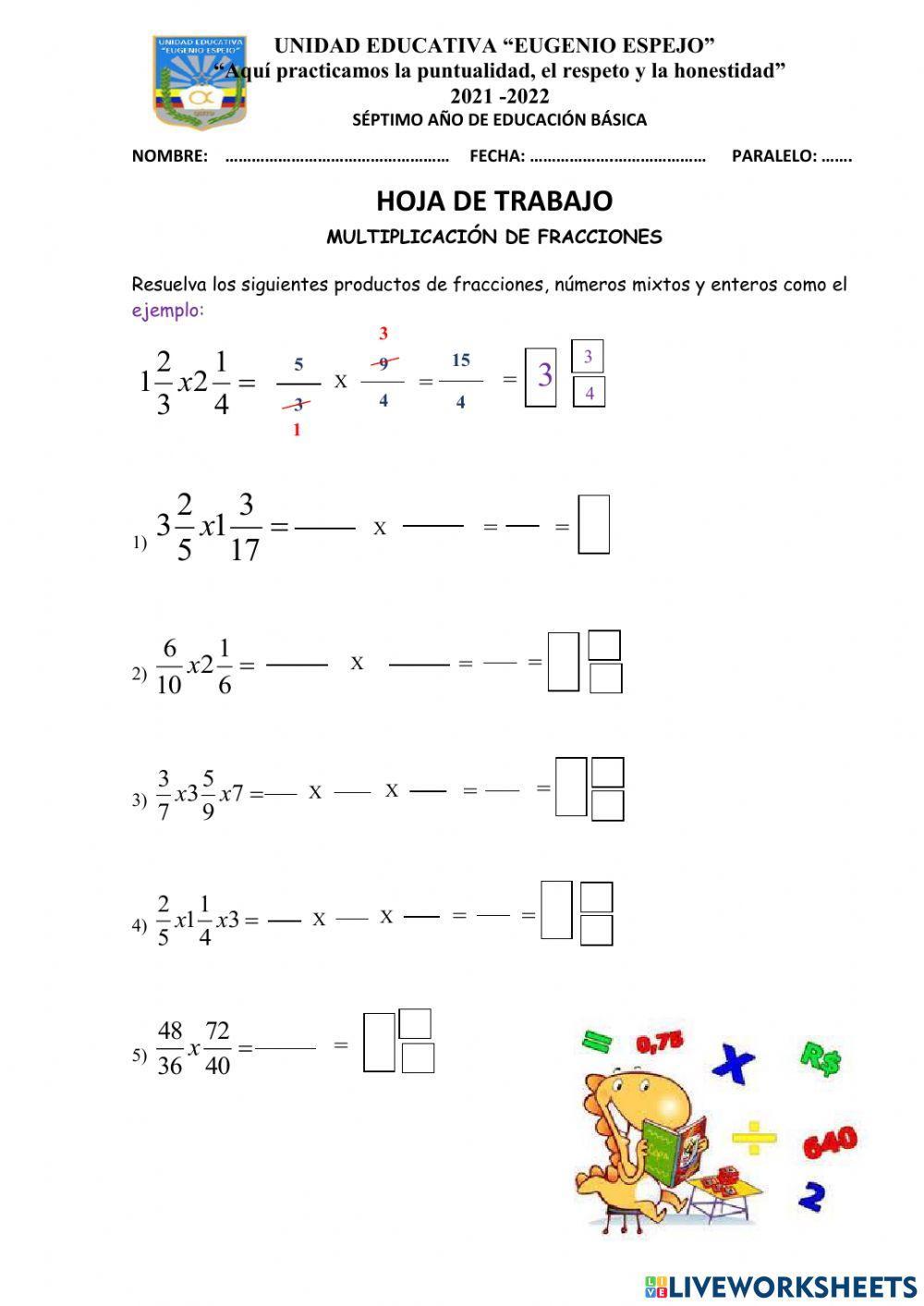 Multiplicación de fracciones, números mixtos y enteros
