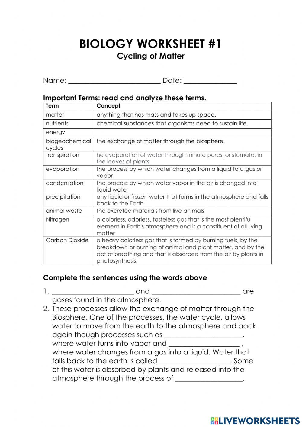 Cycles of Matter worksheet | Live Worksheets cycles-of-matter-worksheet-live-worksheets