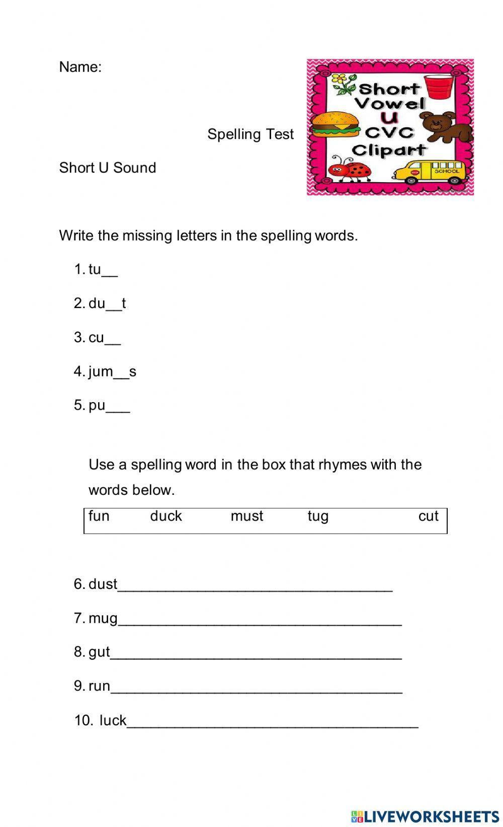 Short Vowel U Spelling Test