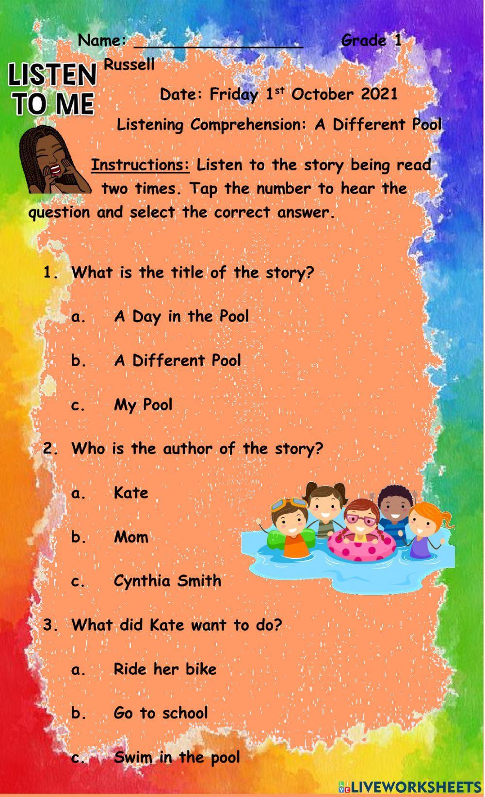 Listening Comprehension A Different Pool worksheet Live Worksheets