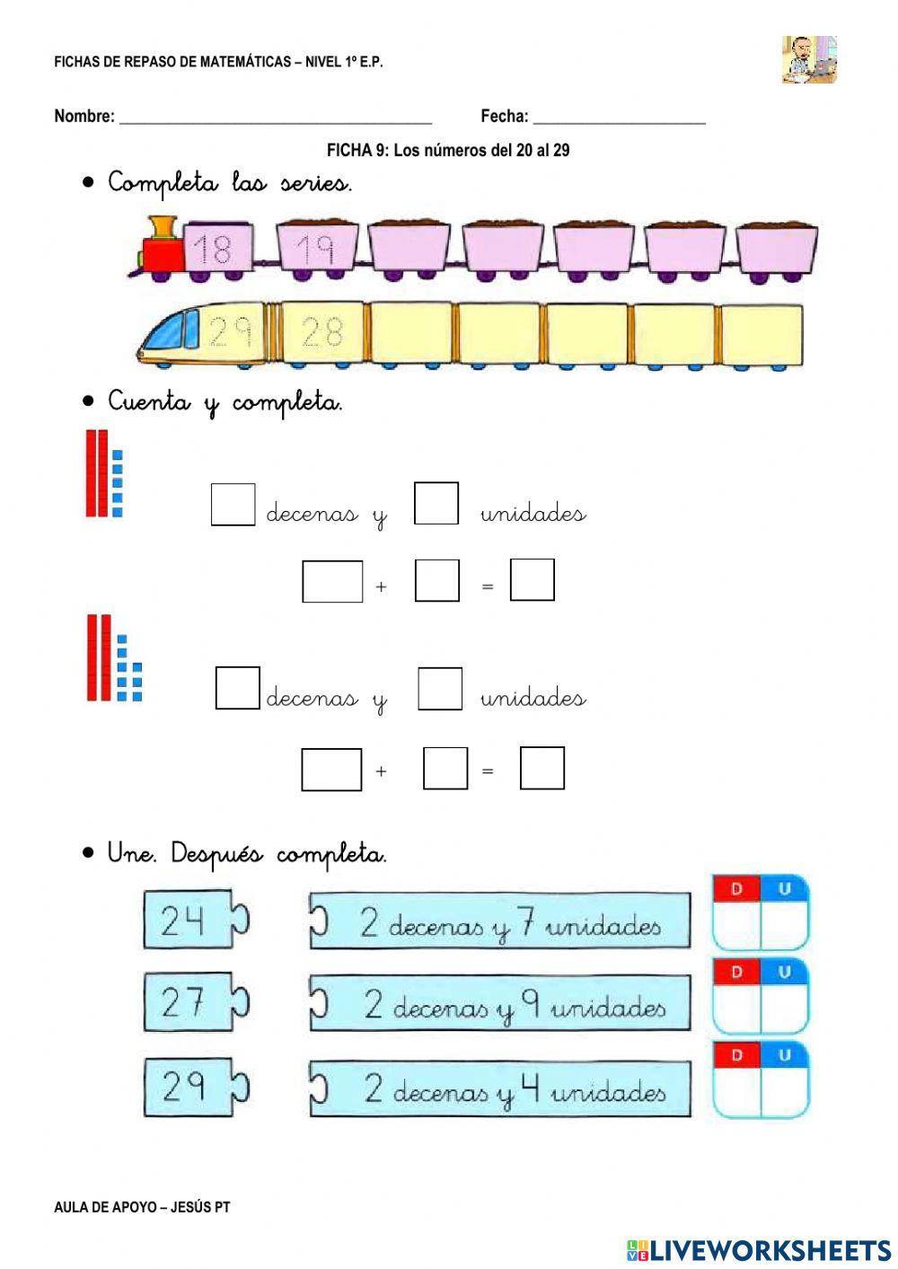Ficha Matemáticas 9-1EP-Los números del 20 al 29