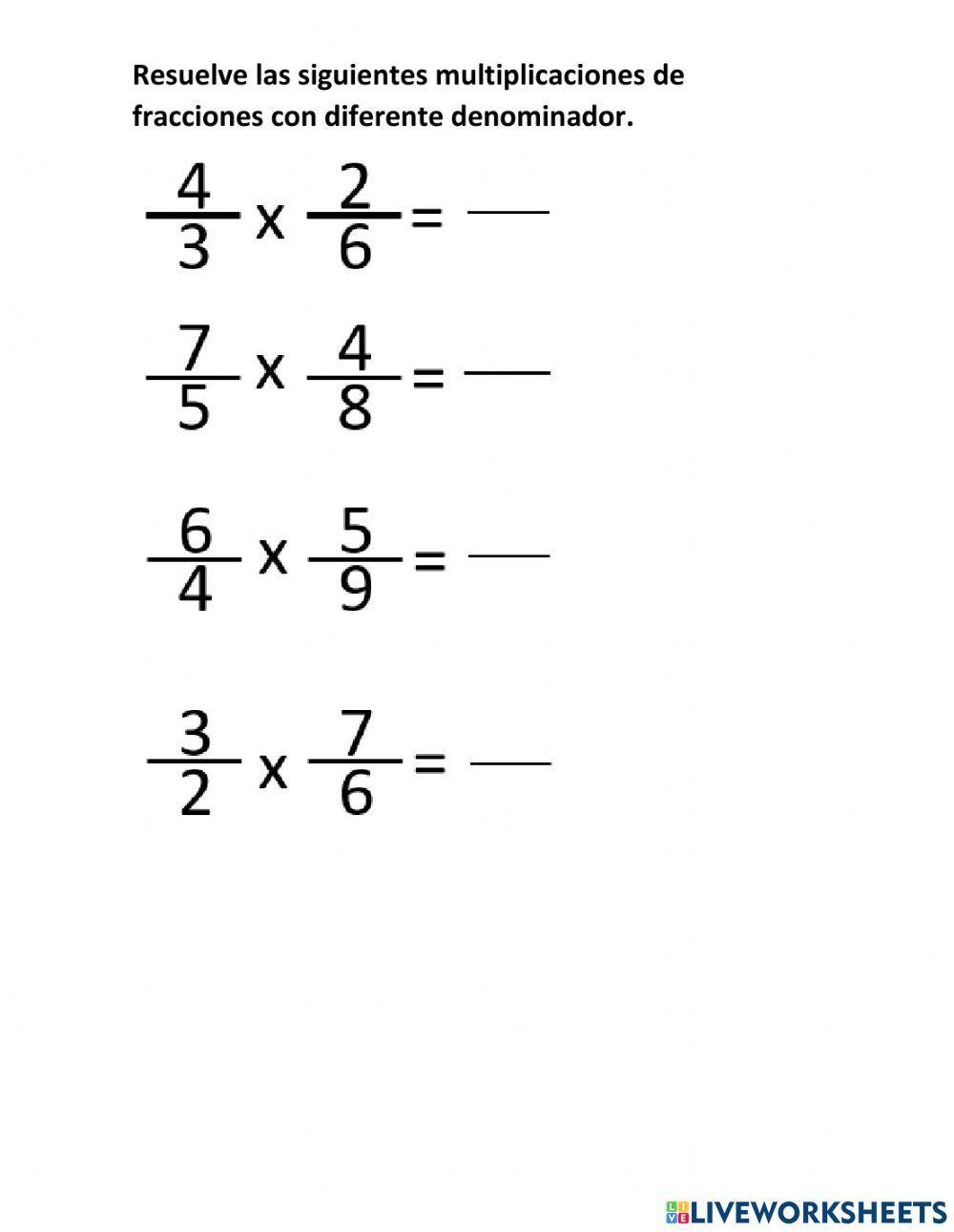 Multiplicaciones de fracciones con igual y diferente denominador
