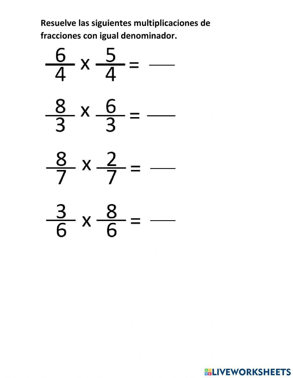 Multiplicaciones de fracciones con igual y diferente denominador