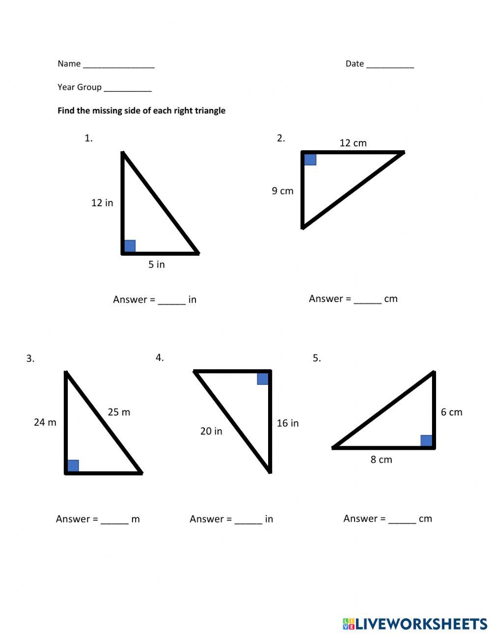 Pythagorean Theorem - Find Missing Side - Whole Numbers