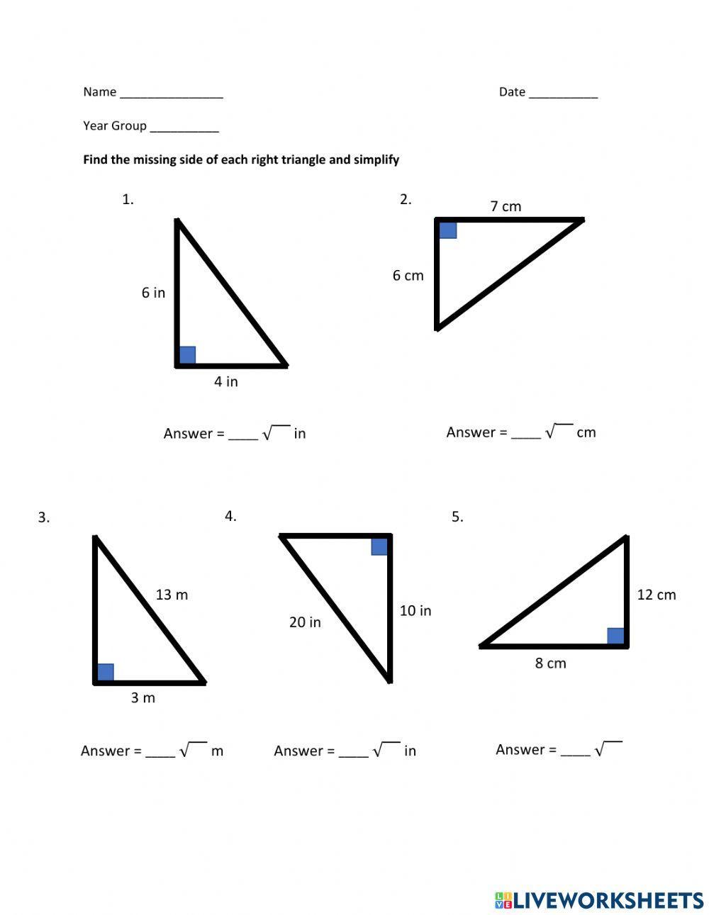 Pythagorean Theorem - Find Missing Side - Square Roots
