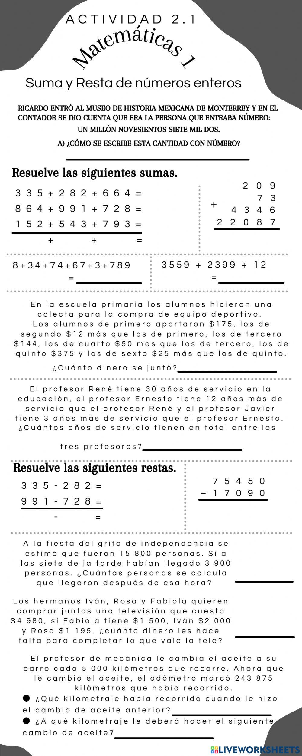 Sumas y Restas de Números Enteros