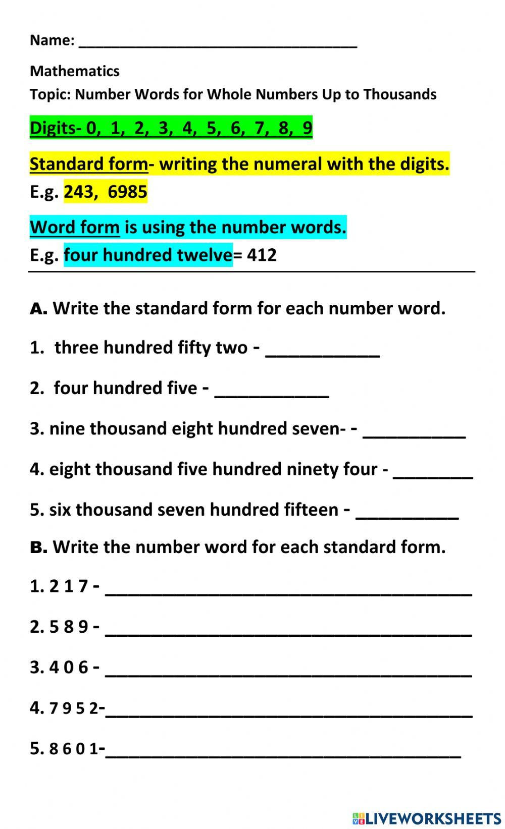 Standard Form and Word Form of Numbers