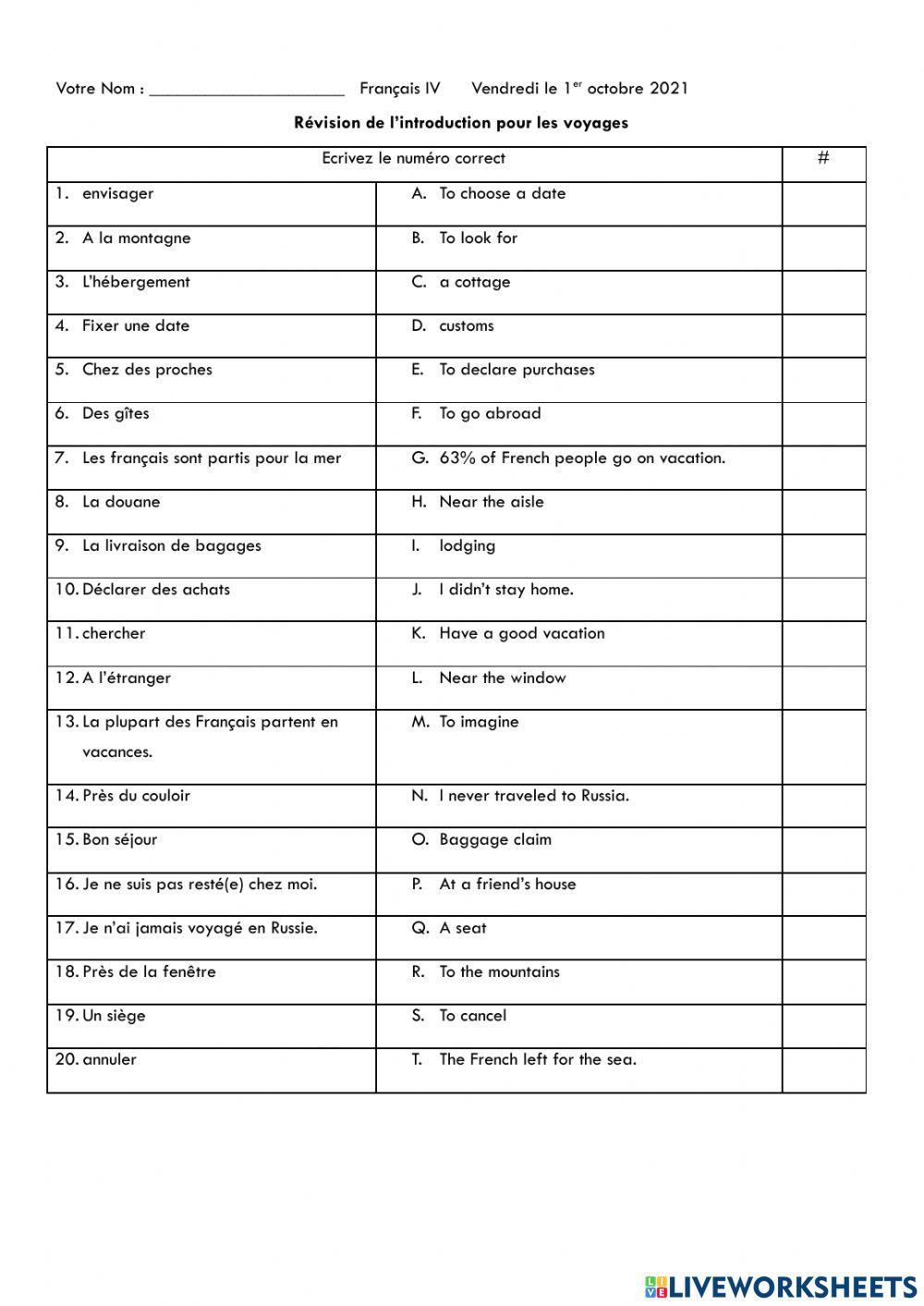 Les Voyages intro vocabulary