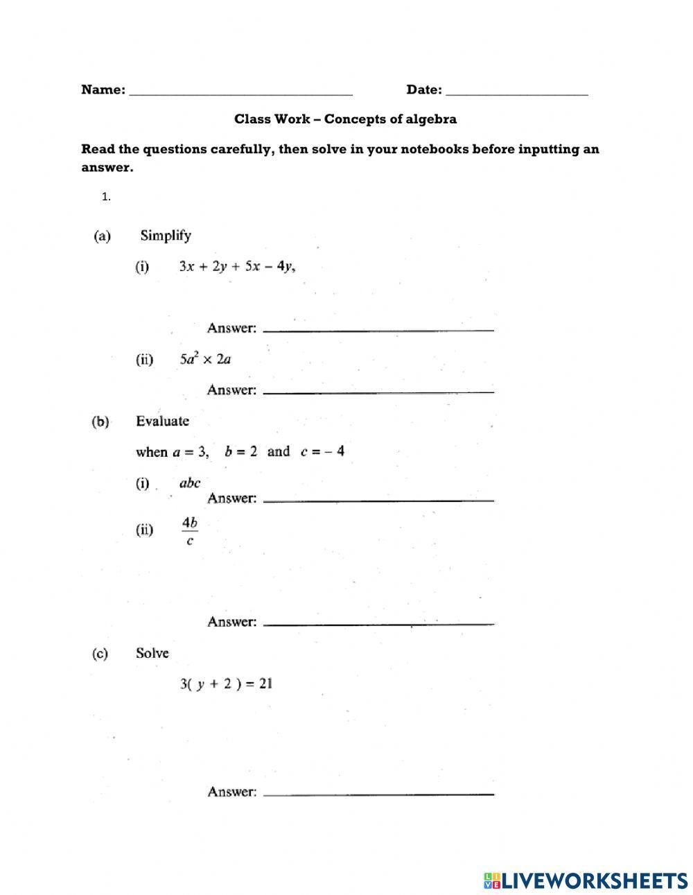 Concepts of Algebra