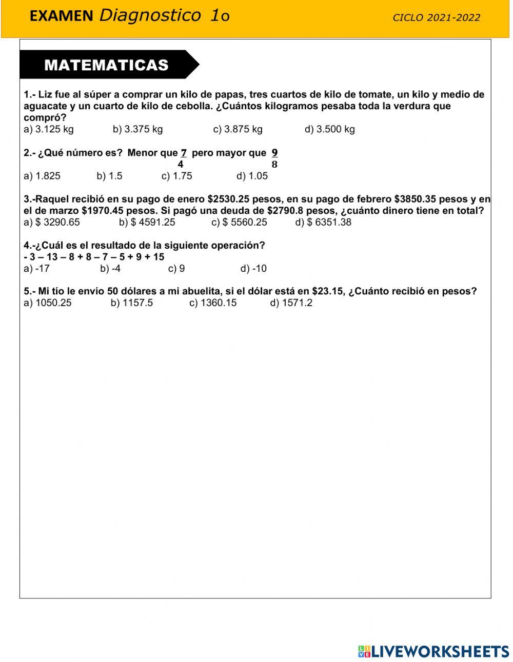 Evaluación diagnóstica Matemáticas 1er grado