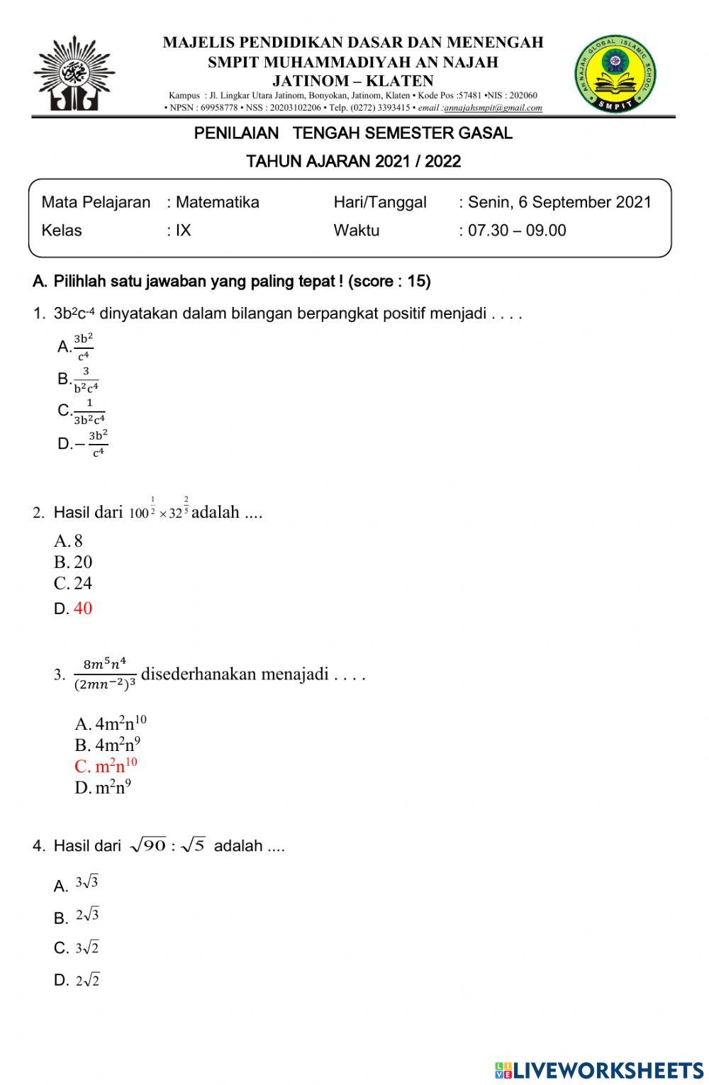 Latihan PTS Gasal Math 9