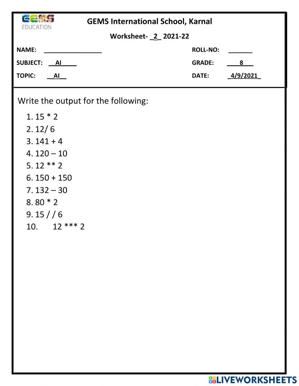 Python worksheet 2 online exercise for | Live Worksheets
