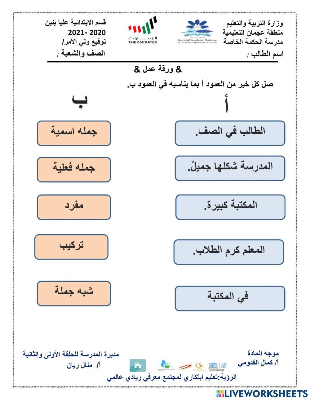 ورقة عمل أنواع خبر الجملة الاسمية